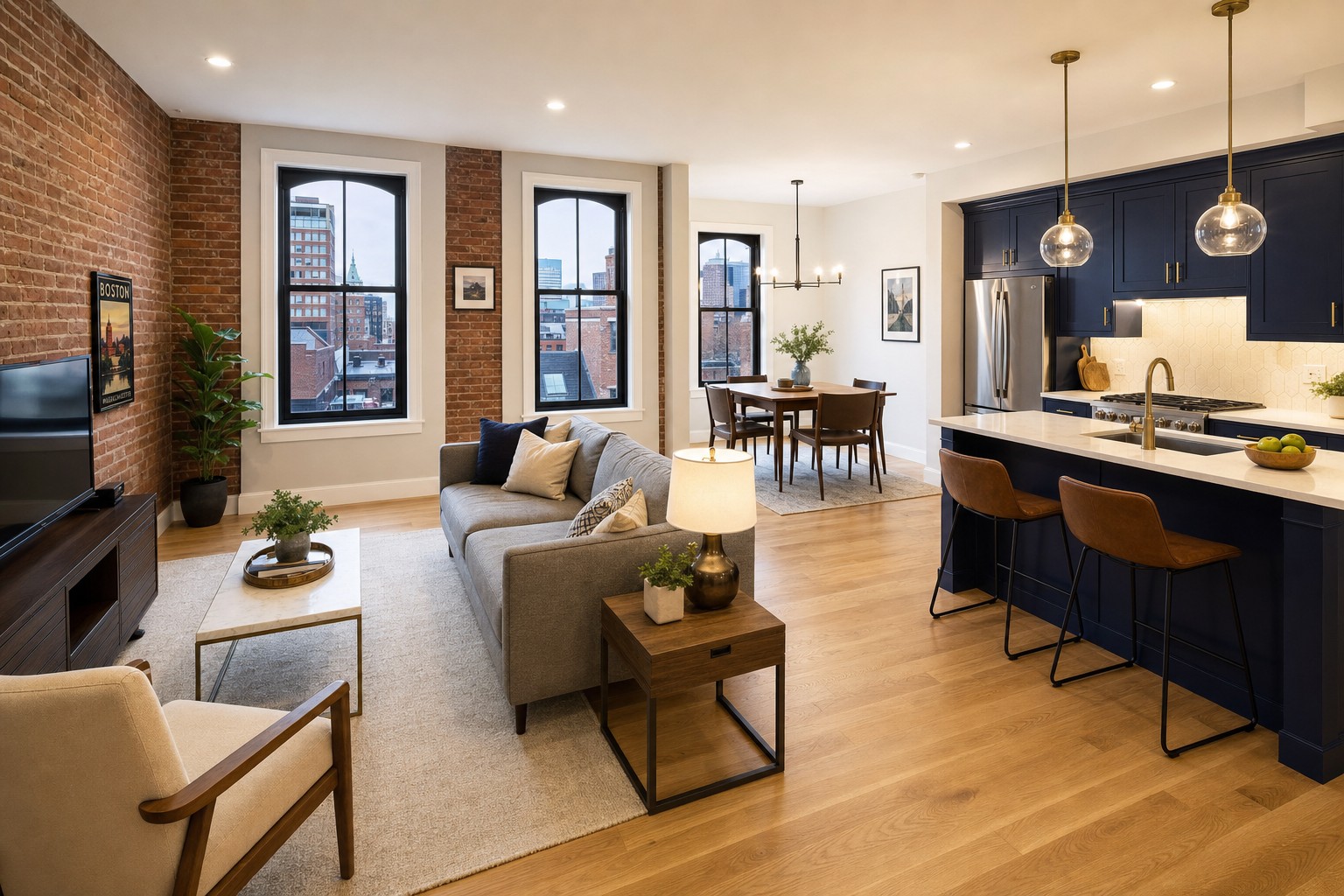 Open plan renovation — living and kitchen rendering
